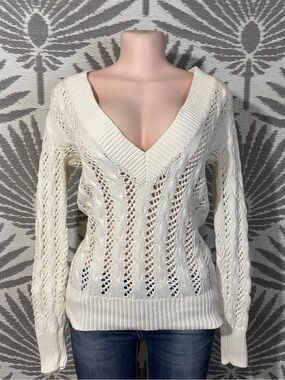 Vintage Y2K Old Navy Cable Knit Sweater S Ivory Deep V Neck Open Knit